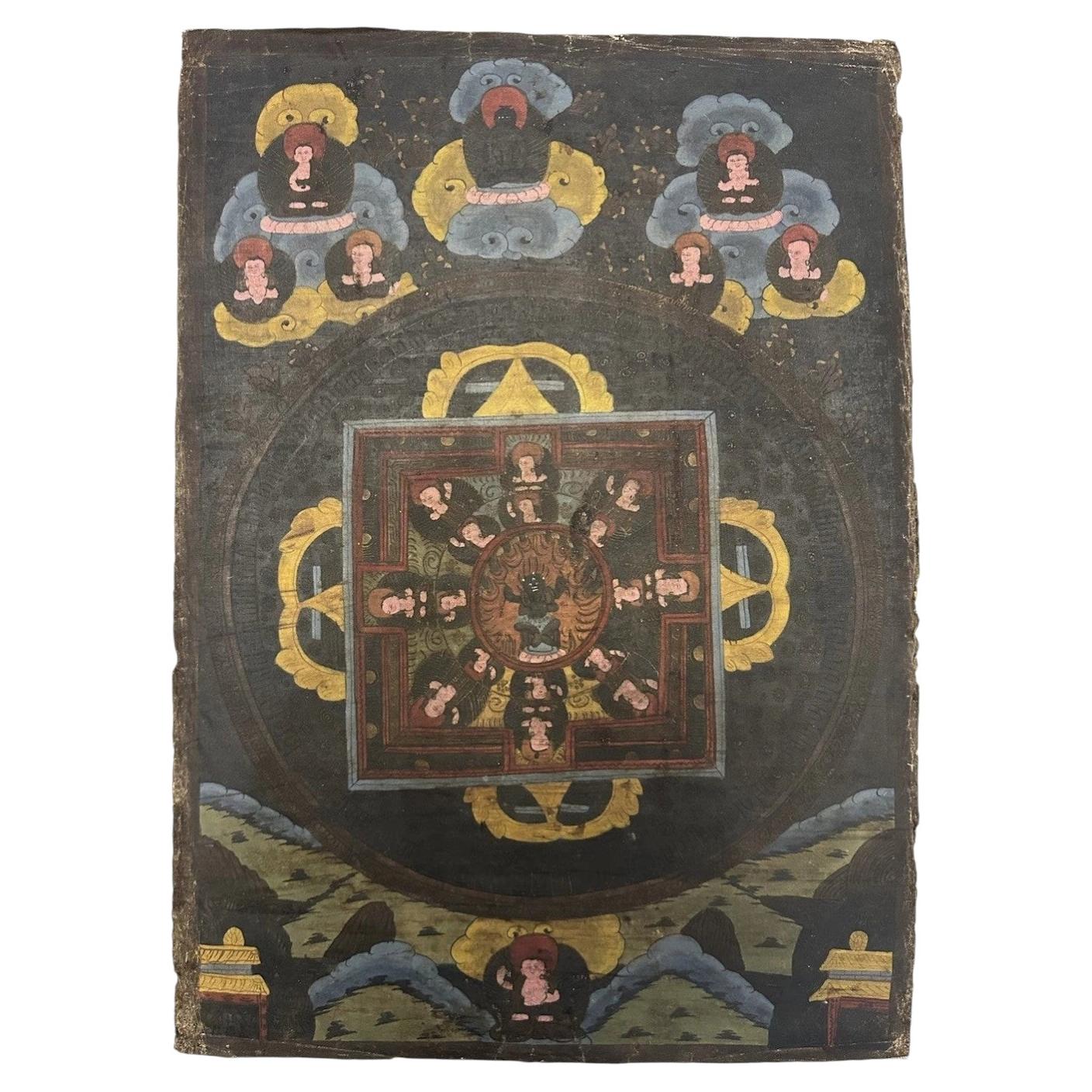 Late 18th Century Tibetan Mahakala Mandala Painted Thangka, Drepung Monastery For Sale