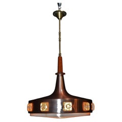 Scandinavian Mid-Century Teak Glass UFO Pendant Light, circa 1960