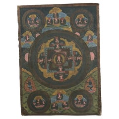 Late 18th Century Tibetan Five Tathagata Buddha Mandala Painted Thangka, Labrang