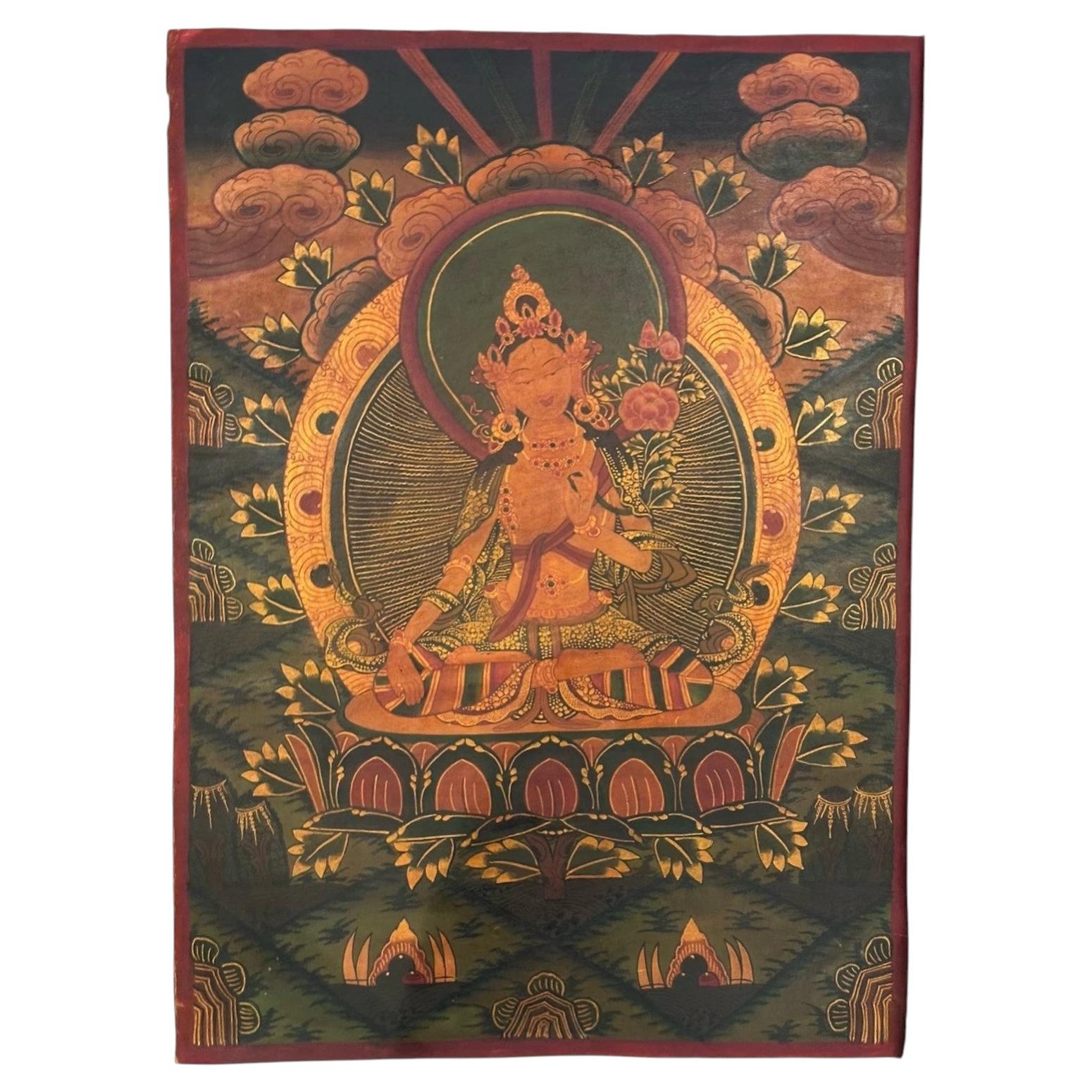Handgemalte Thangka der tibetischen Weißen Tara aus dem frühen 18. Jahrhundert, Kloster Sera