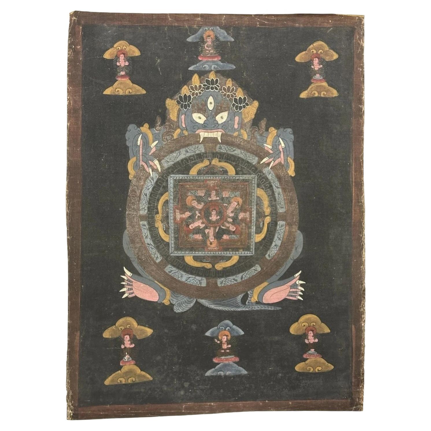 Thangka peint représentant la « roue de la vie » (Bhavachakra) tibétaine, datant du milieu du XVIIIe siècle, monastère de Drepung