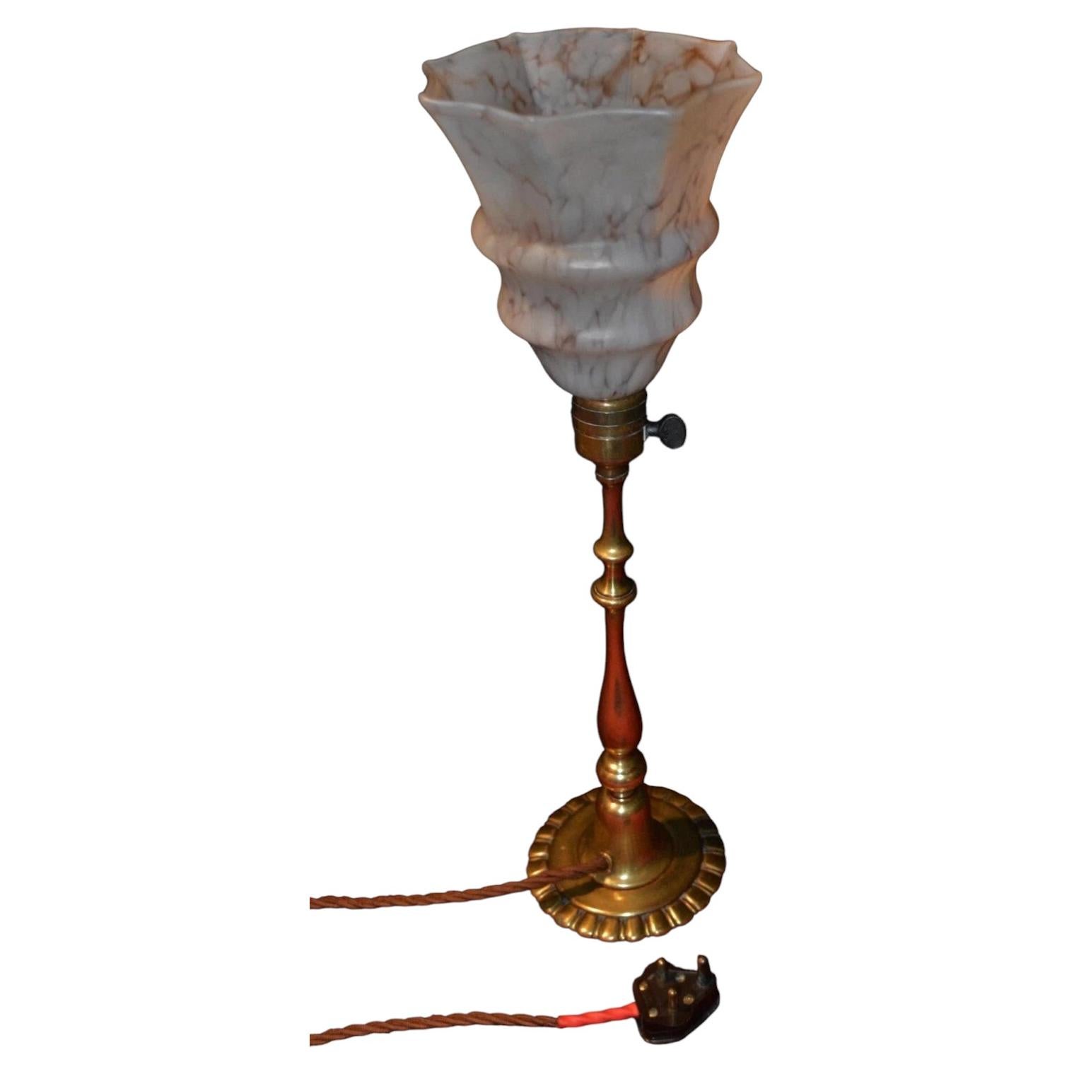 Art Nouveau Bronze Table Lamp with Cloud Opaline Glass Shade, circa 1920 For Sale