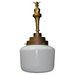 1920s Art Deco Opaline Milk Glass & Bronze Pendant Ceiling Light