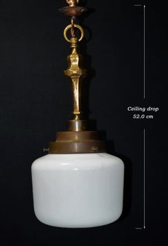 1920s Art Deco Opaline Milk Glass & Bronze Pendant Ceiling Light
