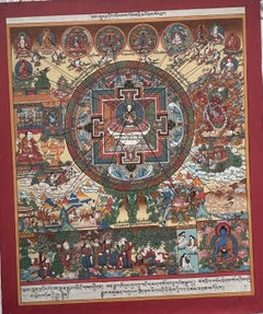 Late 20thC Tibetan Cosmos of Healing Hand-Painted Thangka, Ganden Monastery