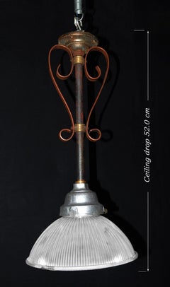 1930s Holophane 2120 Prismatic Glass Bronze Industrial Pendant Light