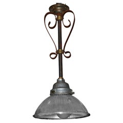 1930s Holophane 2120 Prismatic Glass Bronze Industrial Pendant Light
