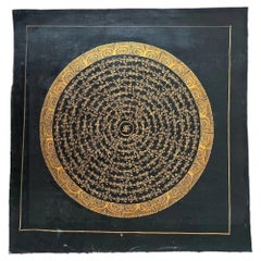 Late 20thC Tibetan Gold Om Mantra Mandala Hand-Painted Thangka Namgyal Monastery