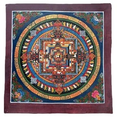 21st Century Tibetan Kalachakra Mandala Hand-Painted Mineral Pigment Thangka
