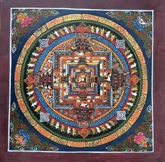 21st Century Tibetan Kalachakra Mandala Hand-Painted Mineral Pigment Thangka