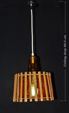1960s Scandinavian Rattan & Amber Crinkle Glass Pendant Ceiling Light