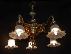 1920s French Art Deco Brass Five-Light Chandelier with Opaline Glass Shades