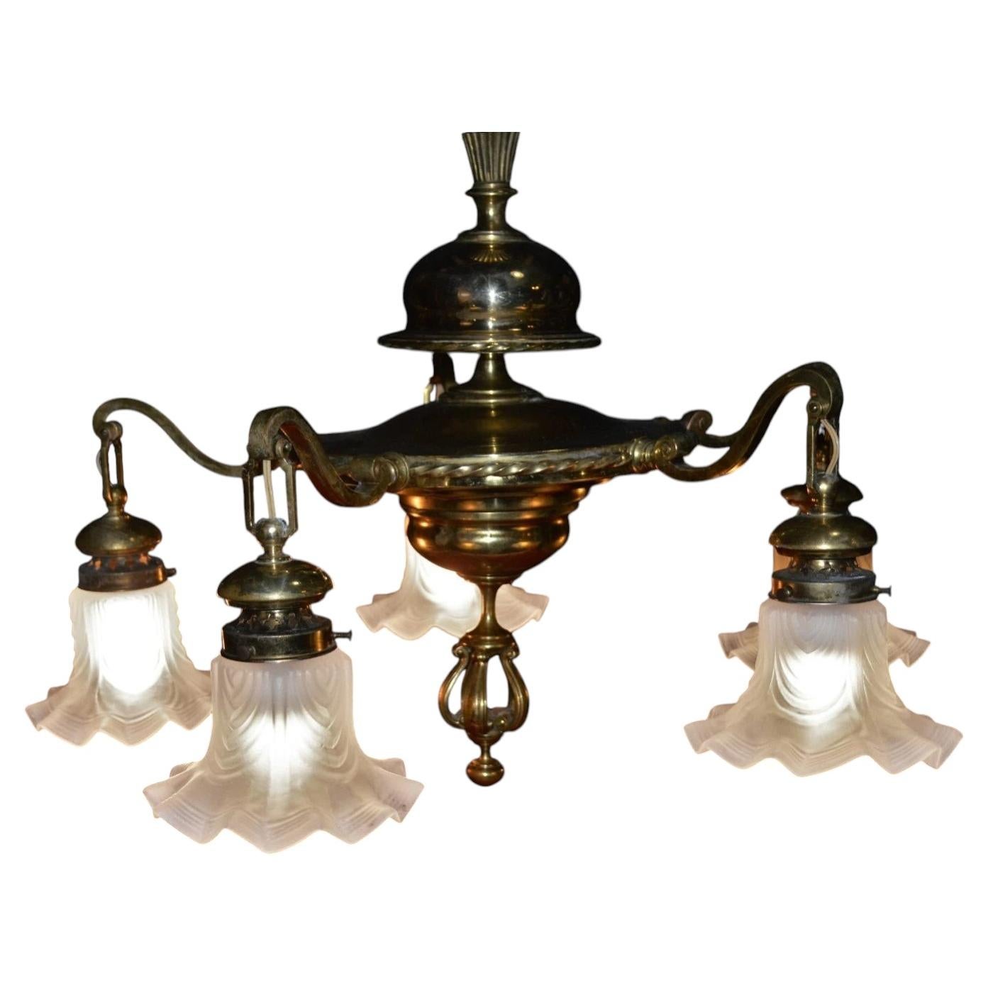 1920s French Art Deco Brass Five-Light Chandelier with Opaline Glass Shades For Sale