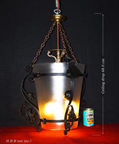 1930s Arts & Crafts Wrought Iron Three-Light Pendant with Silk Glass Shade