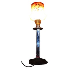 1930s French Art Deco Chrome & Marbled Art Glass Utility Table Lamp