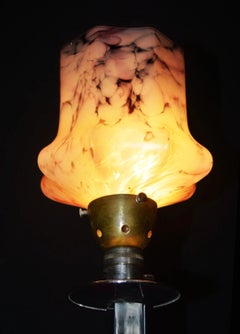 1930s French Art Deco Chrome & Marbled Art Glass Utility Table Lamp