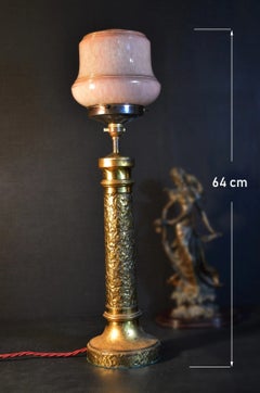 1940s Italian Chased Brass Column Table Lamp with Pink Art Glass Shade