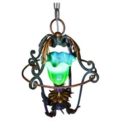 1830s English Forged Brass Pendant with Vaseline Glass Tulip Shade