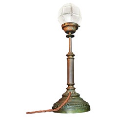 1920s British Arts & Crafts Bronze Table Lamp with Acorn Glass Shade
