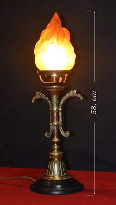 Victorian Gothic Revival Bronze Table Lamp with Flame Glass Shade, circa 1850