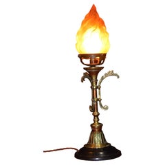 Victorian Gothic Revival Bronze Table Lamp with Flame Glass Shade, circa 1850