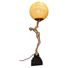 1930s French Art Deco Bronze Dancer Table Lamp with Opaline Glass Globe
