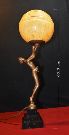 1930s French Art Deco Bronze Dancer Table Lamp with Opaline Glass Globe