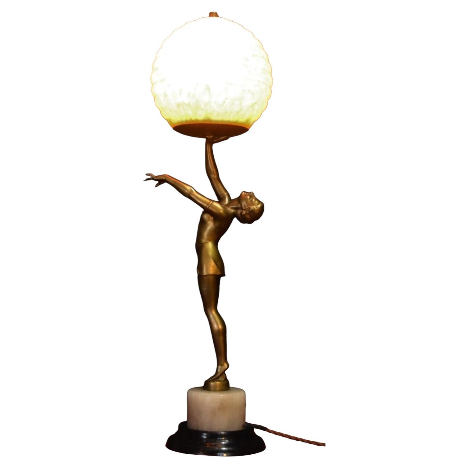 1930s French Art Deco Bronze Figural Dancer Table Lamp with Glass Globe For Sale