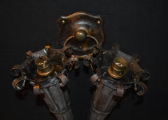 1850s Victorian Gothic Twin Torchère Wall Light with Opaline Flame Shades