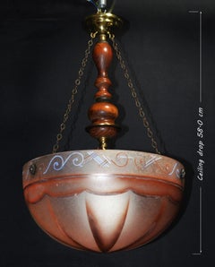 1930s French Art Deco Painted Glass & Mahogany Bowl Pendant Light