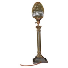 Early 20th Century Bronze Table Lamp with Iridescent Acorn Glass Shade