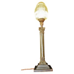 Early 20th Century Bronze Table Lamp with Iridescent Acorn Glass Shade