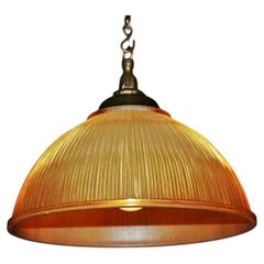 1960s Holophane Prismatic Glass Pendant Light with Gilt Brass and Bronze Fitting