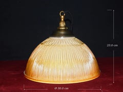 1960s Holophane Prismatic Glass Pendant Light with Gilt Brass and Bronze Fitting