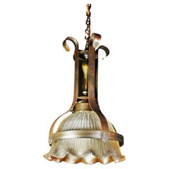 Mid-Century Gothic Revival Holophane Prismatic Glass and Bronze Pendant Light