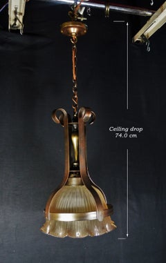 Mid-Century Gothic Revival Holophane Prismatic Glass and Bronze Pendant Light