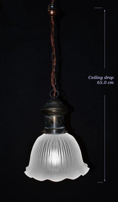Vintage Holophane Prismatic Ribbed Glass Pendant Light with Bronzed Brass Fittin