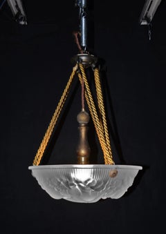 French Art Deco Croismare Glass Plafonnier with Silk Rope and Bronze Fittings