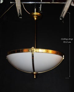 Large Mid-Century Four-Light Opaline and Polished Brass Bowl Chandelier, 1960s