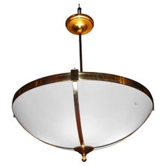 Large Mid-Century Four-Light Opaline and Polished Brass Bowl Chandelier, 1960s