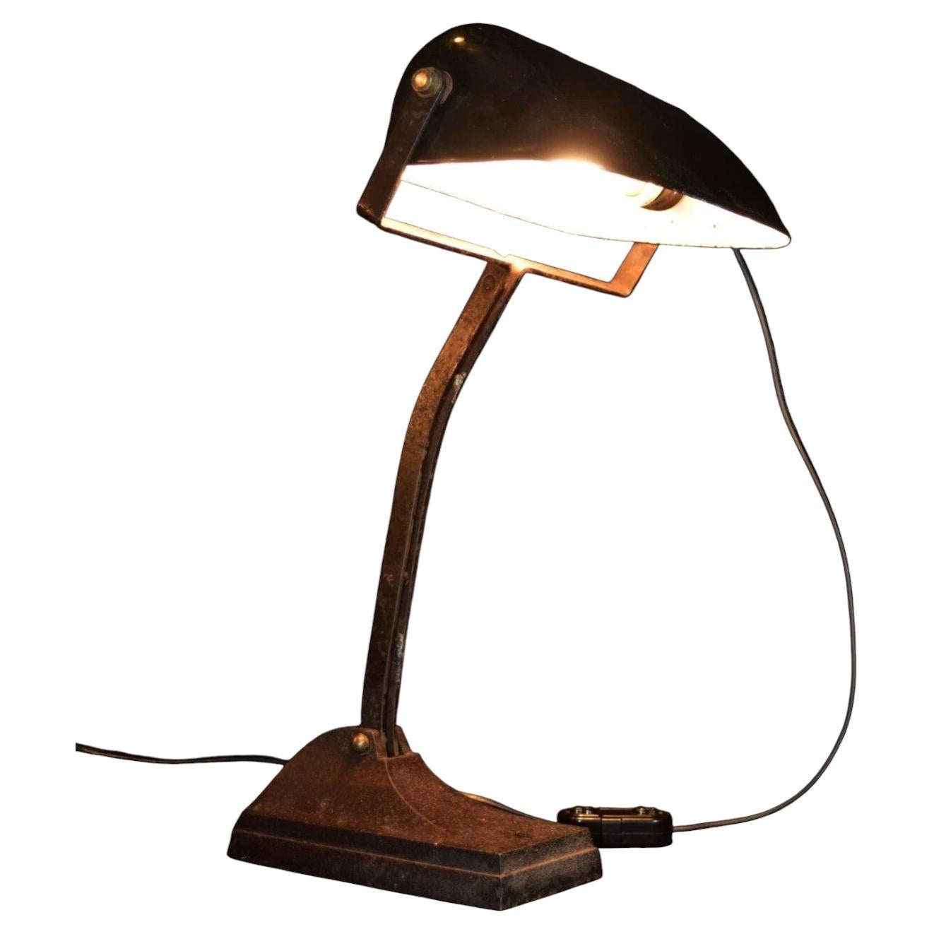 1930s Industrial Bronze Articulated Desk Lamp with Enamel Trough Shade