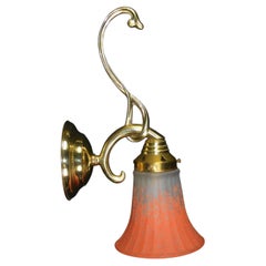 French Mid-Century Art Nouveau Style Brass Wall Sconce with Ribbed Glass Shade