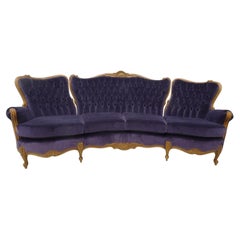 French Baroque Carved Wood Curved Sofa in Sumptuous Lilac Velvet
