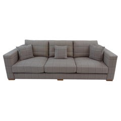 George Smith Large Square Arm Sofa in Soft Grey Check Fabric