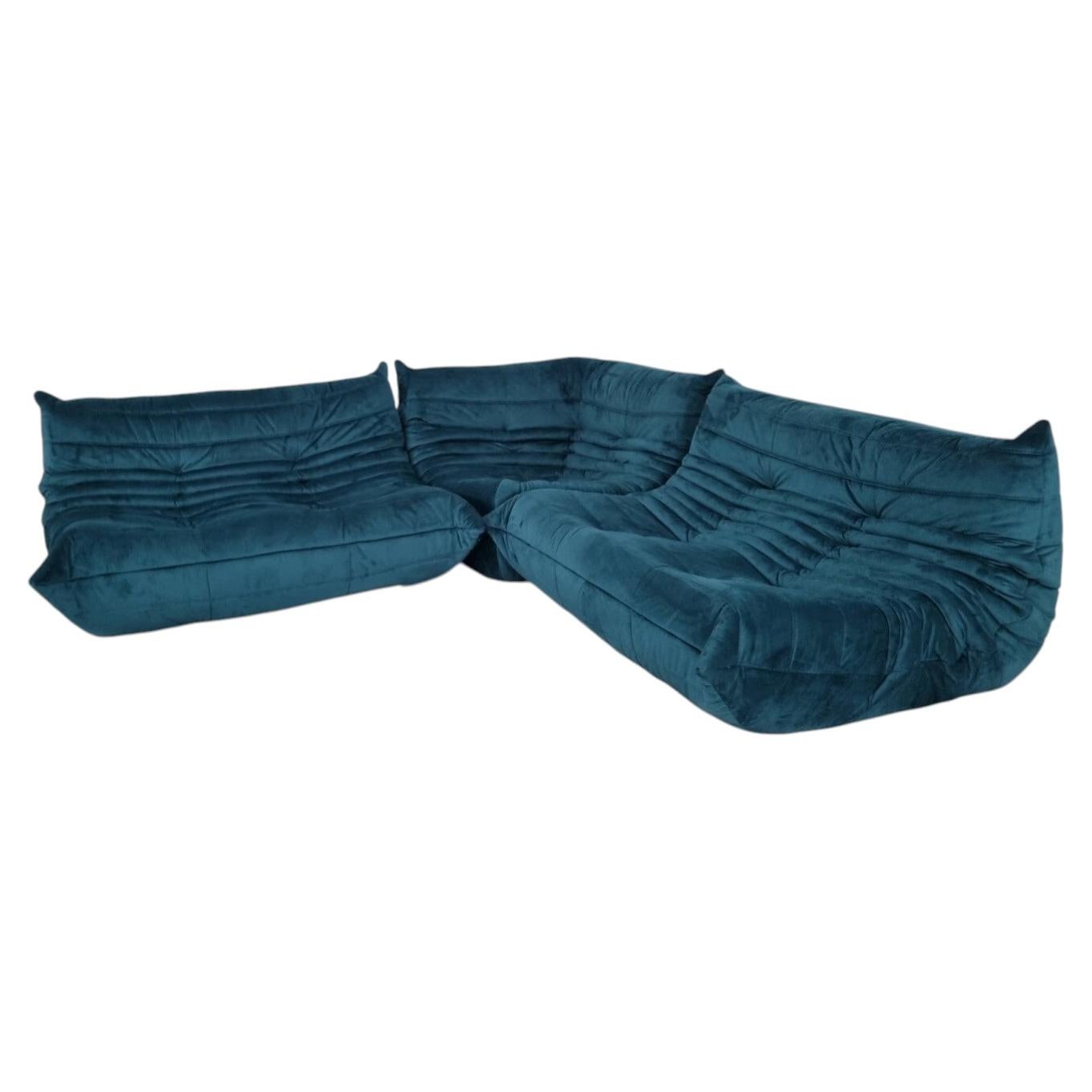 Ligne Roset Togo 3-Piece Suite Sofa Lounge Chairs in Teal Green Velvet For Sale