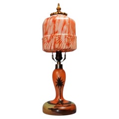 British Art Deco Egyptian Revival Hand-Painted Glass Boudoir Table Lamp, 1930s