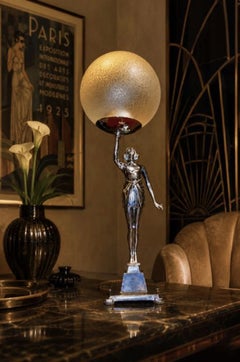 Banksway British Art Deco Chrome Figural Lady Table Lamp with Globe Shade, 1930s