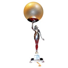 Banksway British Art Deco Chrome Figural Lady Table Lamp with Globe Shade, 1930s