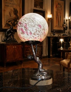 French Art Deco Chrome Figural Dancer Lamp with Opaline Glass Globe, 1930s