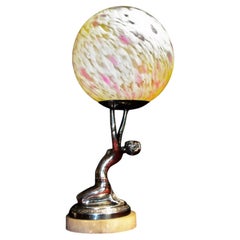 French Art Deco Chrome Figural Dancer Lamp with Opaline Glass Globe, 1930s